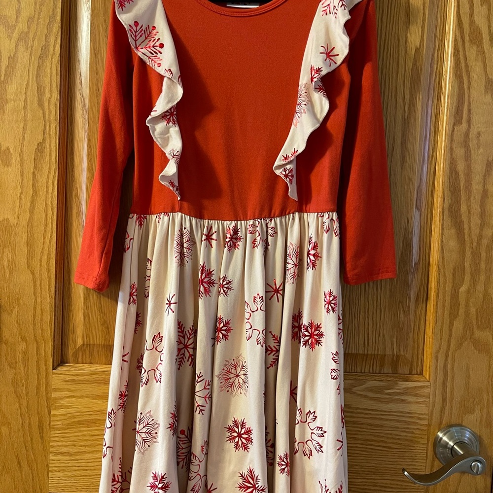Girls DotDot Smile Size 8/10 Red Foil Snowflake Ruffle Christmas Dress